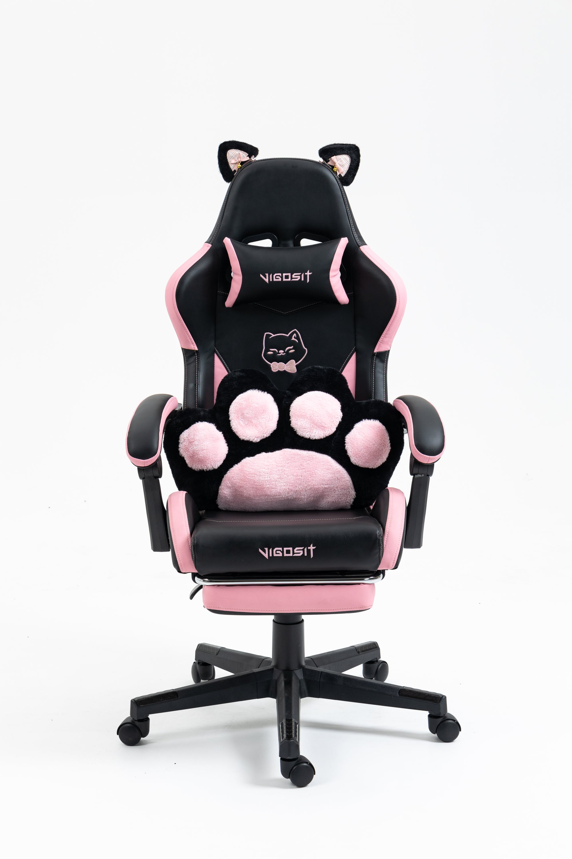 Cute Cat Gaming Chair with Paw Lumbar Cushion, PC Video Gamer Chair for Girl Teen Woman (Black) | Premium Home Decor - Grand 