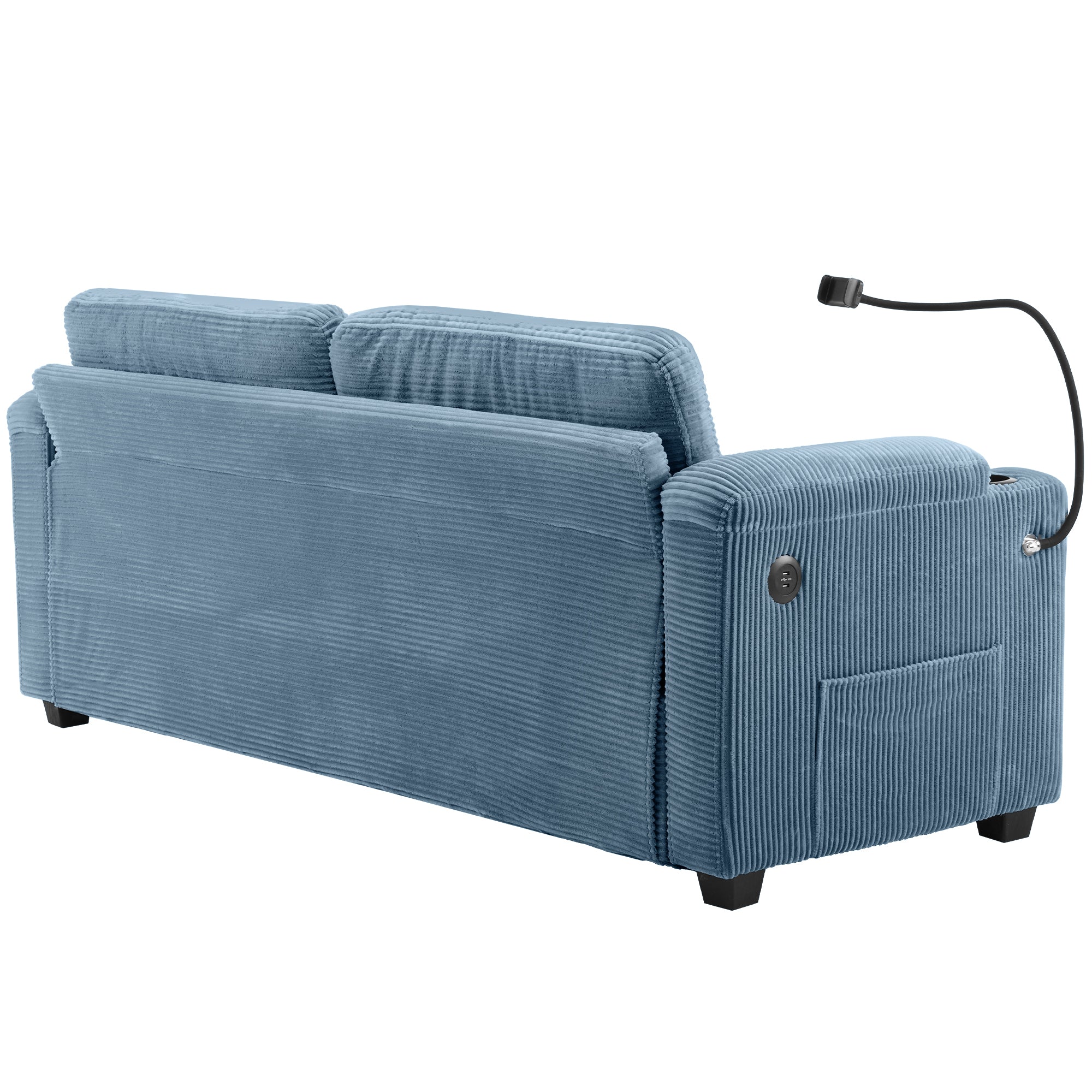 Navy Blue Corduroy Sleeper Sofa Loveseat with Full Size Mattress, USB Ports, Cup Holders, Side Pockets and Phone Holder - Grand Goldman Shop