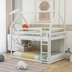 Twin over Twin Low Bunk Bed with Ladder, White - Grand Goldman Shop