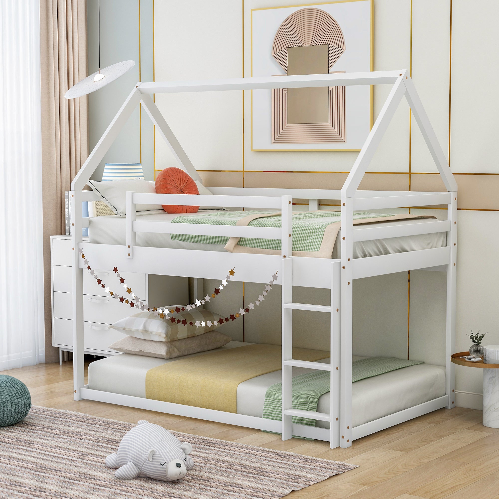 Twin over Twin Low Bunk Bed with Ladder, White - Grand Goldman Shop