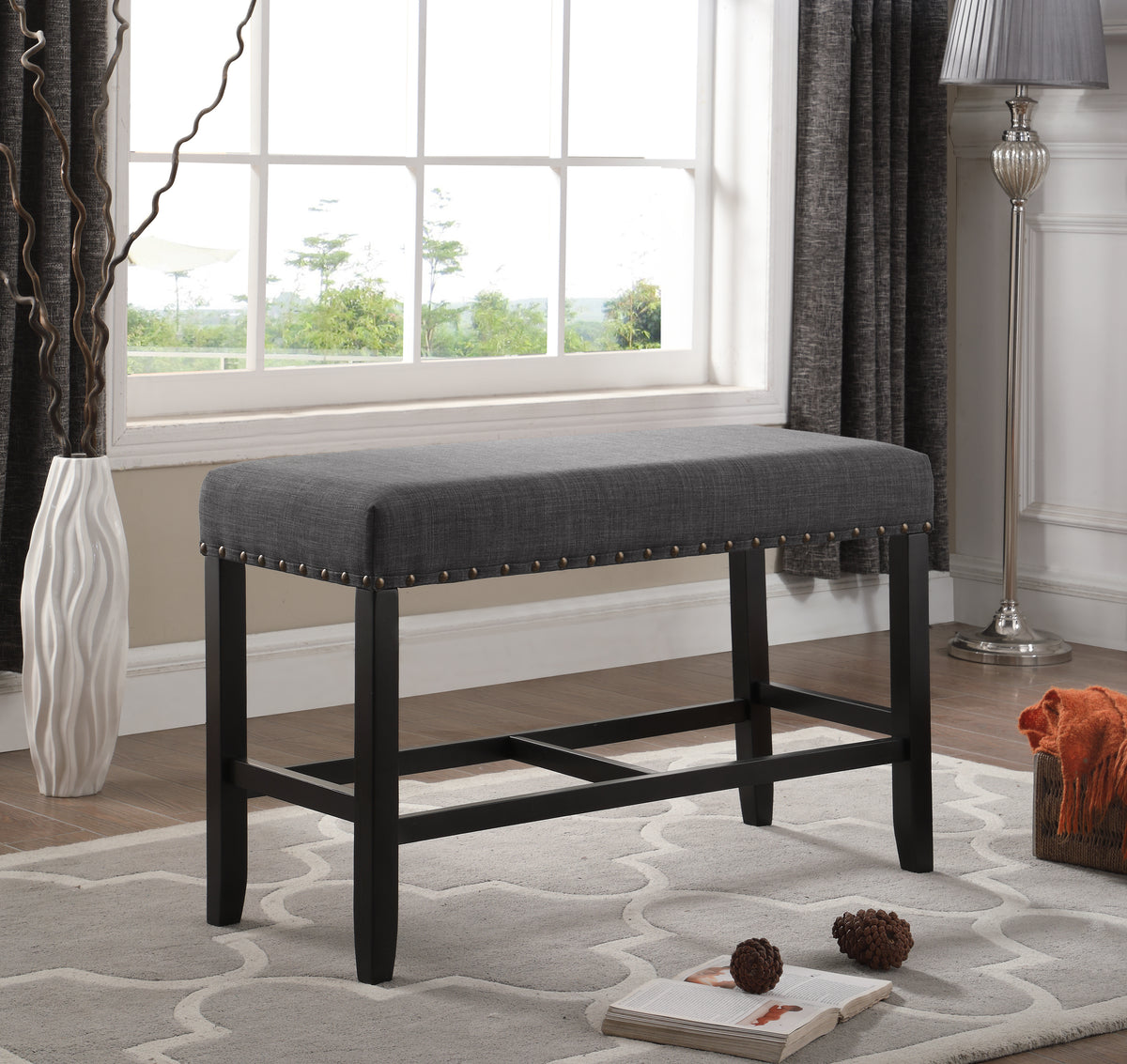 Biony Fabric Counter Height Dining Bench with Nailhead Trim, Grey - Grand Goldman Shop