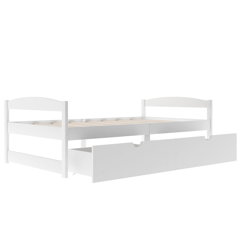 White Twin Size Platform Bed with Two Drawers, Pine Wood and MDF, 77.1''L x 40.7''W x 23.1''H - Grand Goldman Shop