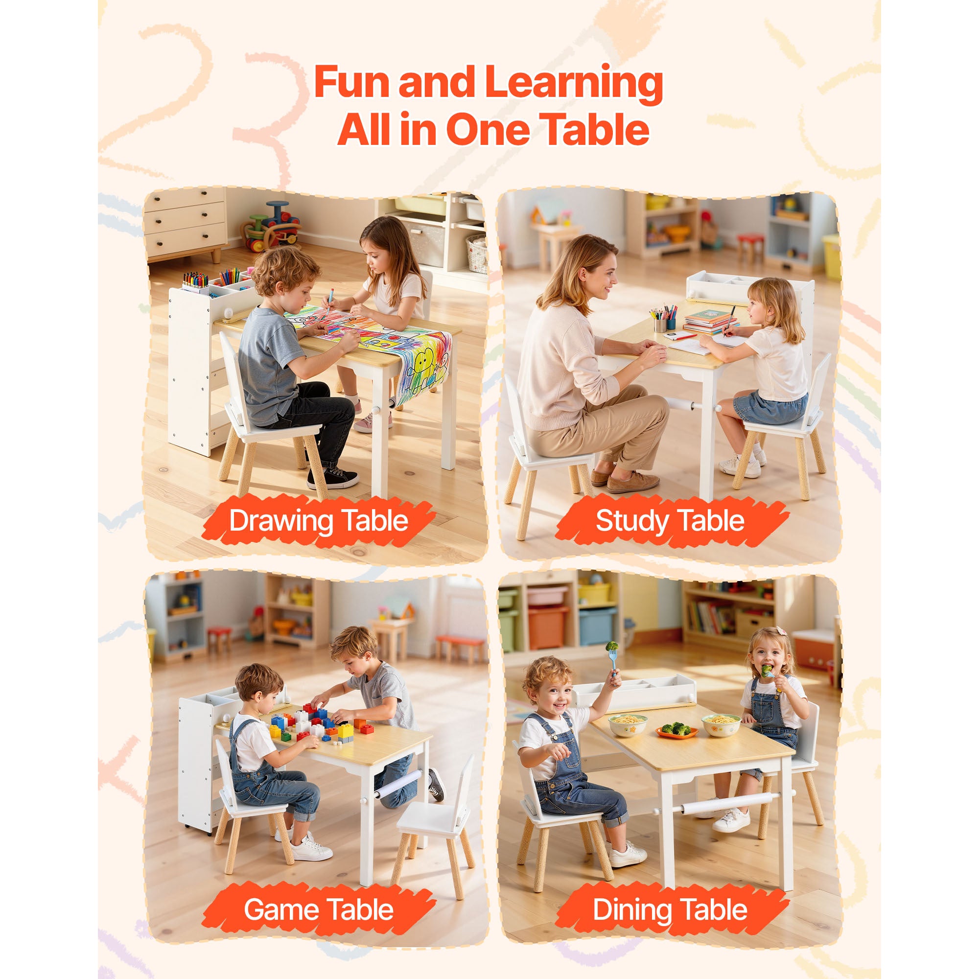 Kids Art Table and Chair Set, Toddler Craft Table with 3 Tiers Storage Cabinet, Wooden Kids Activity Play Desk with 2 Chairs,