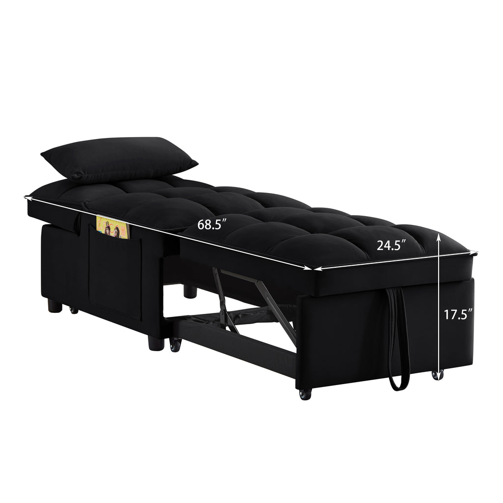 4 in1 Multi-Function Single Sofa Bed with Storage Pockets,Tufted Single Pull-out Sofa Bed with Adjustable Backrest and Pillows ,Convertible  Chaise Lounge,Black - Grand Goldman Shop