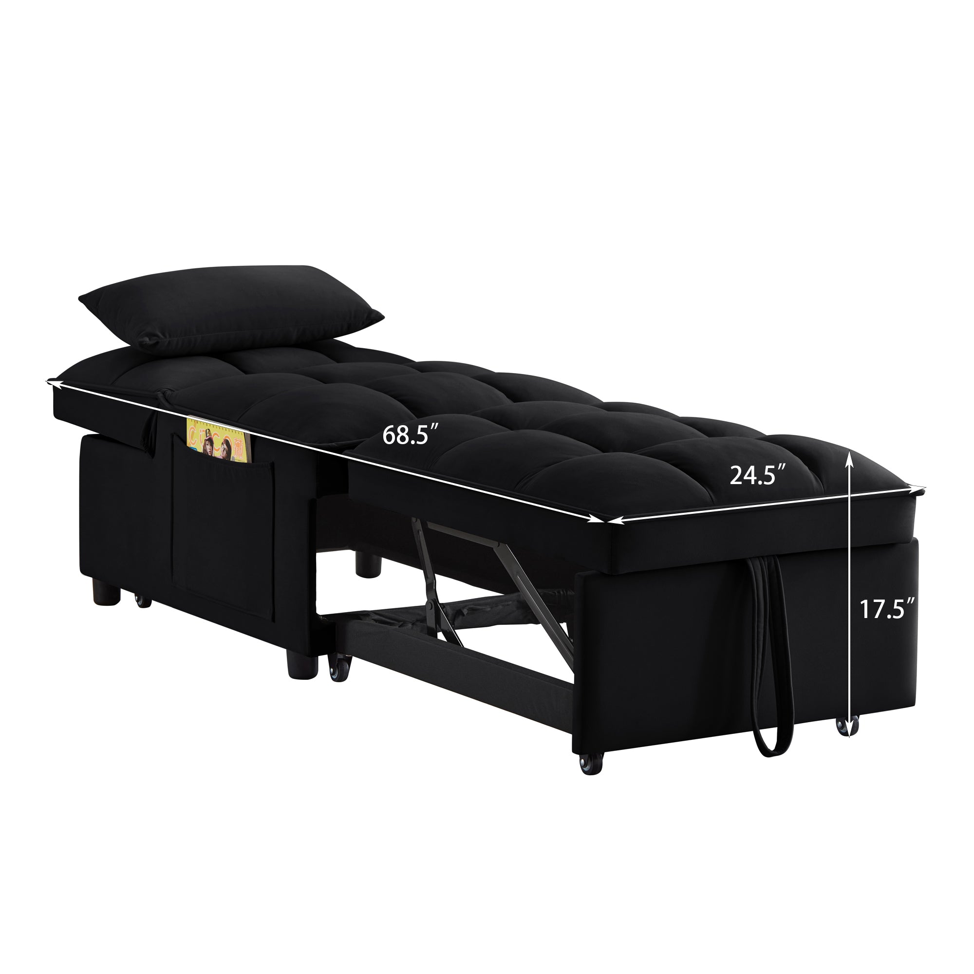 4 in1 Multi-Function Single Sofa Bed with Storage Pockets,Tufted Single Pull-out Sofa Bed with Adjustable Backrest and Pillows ,Convertible  Chaise Lounge,Black - Grand Goldman Shop