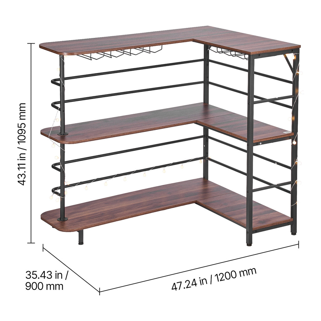 Home Bar Unit, L-Shaped Wine Bar Cabinet Table 3-Tier with Storage Shelves, Adjustable Foot Pads, LED Light, Walnut Finish & Metal Frame Liquor Cabinet for Home, Kitchen,Living Room,Pub,Basement - Grand Goldman Shop