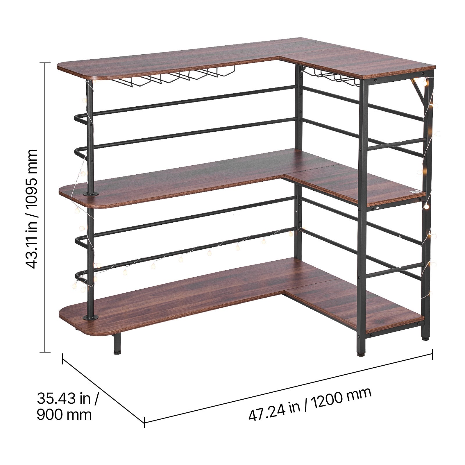 Home Bar Unit, L-Shaped Wine Bar Cabinet Table 3-Tier with Storage Shelves, Adjustable Foot Pads, LED Light, Walnut Finish & Metal Frame Liquor Cabinet for Home, Kitchen,Living Room,Pub,Basement - Grand Goldman Shop