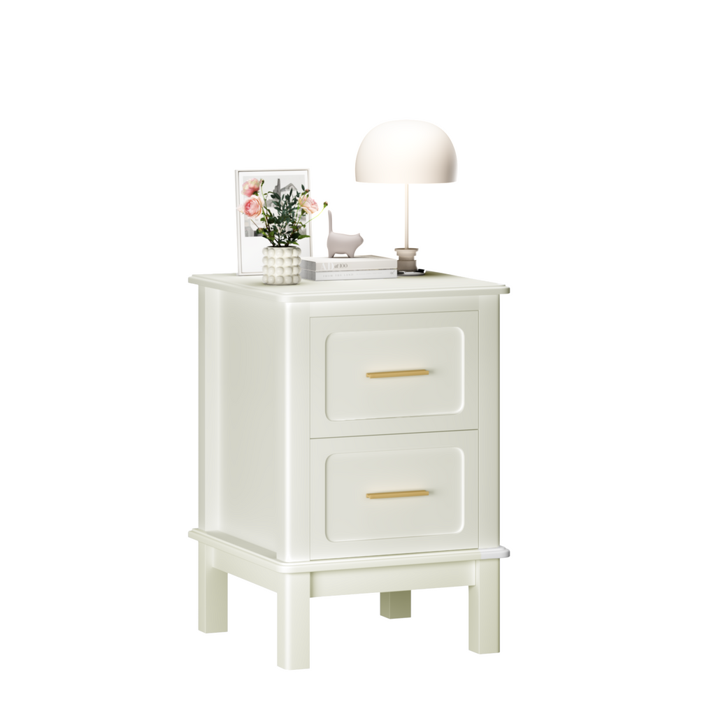 Modern  Nightstand with 2 Drawers, Bedroom Bedside Table with Gold Handles, Sturdy Wood Accent Table for Small Spaces, Living Room, Kids Room & Guest Room-Off White - Grand Goldman Shop