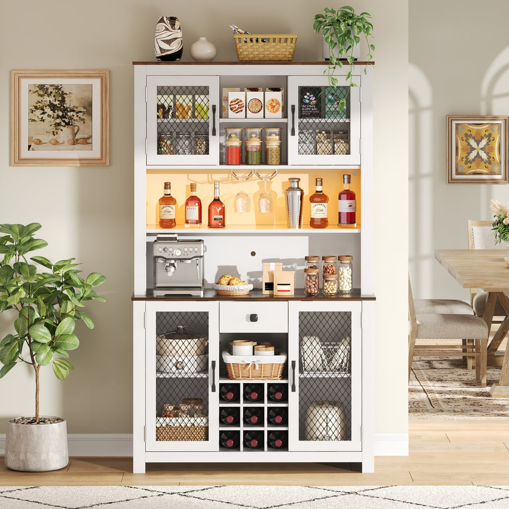 70.9' Kitchen Pantry Storage Cabinet Rustic Buffet Cabinet, Kitchen Hutch Cabinet with LED Outlets Food Pantry Cabinet with Doors and Shelves Wine Rack for Dining Room, White - Grand Goldman Shop