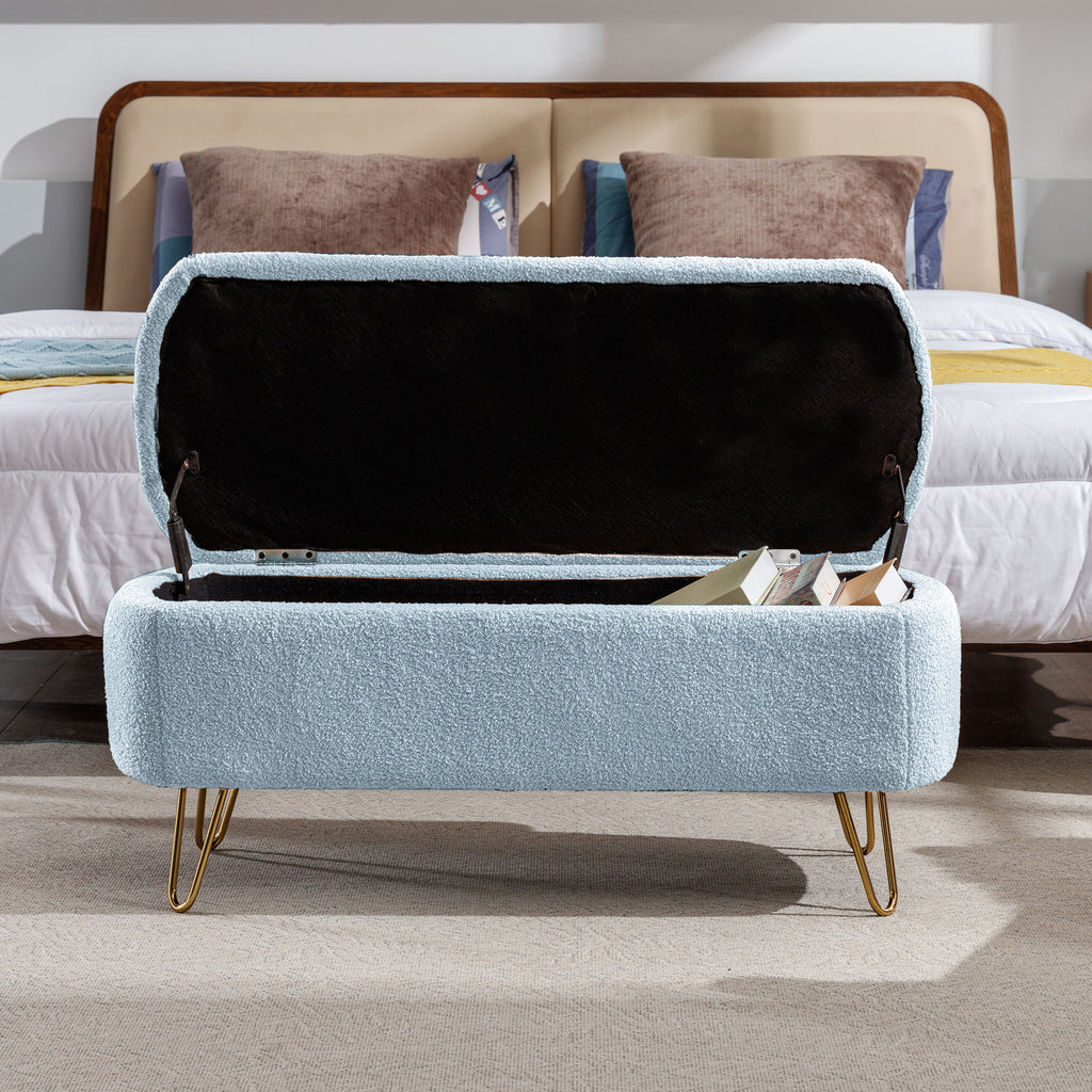 Blue Storage Ottoman Bench for End of Bed Gold Legs, Modern Grey Faux Fur Entryway Bench Upholstered Padded with Storage for Living Room Bedroom - Grand Goldman Shop