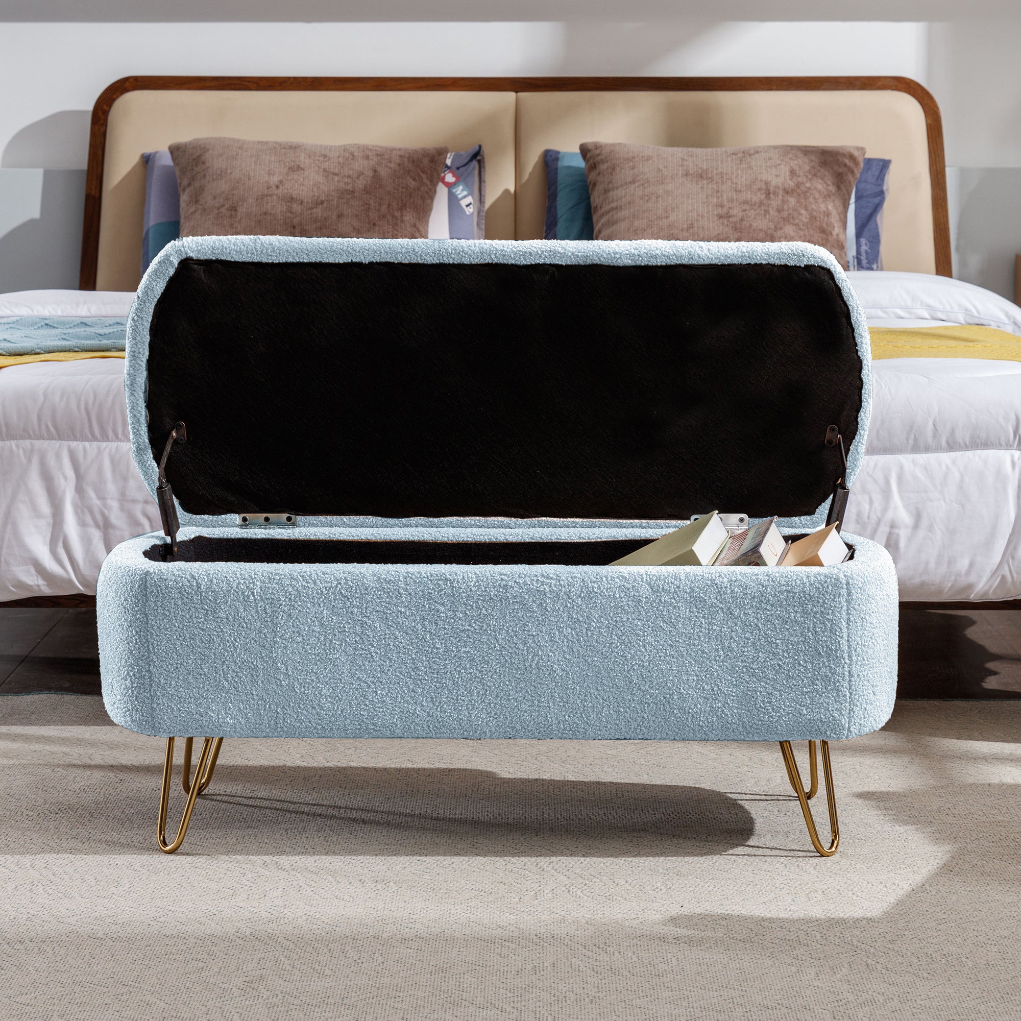 Blue Storage Ottoman Bench for End of Bed Gold Legs, Modern Grey Faux Fur Entryway Bench Upholstered Padded with Storage for Living Room Bedroom - Grand Goldman Shop