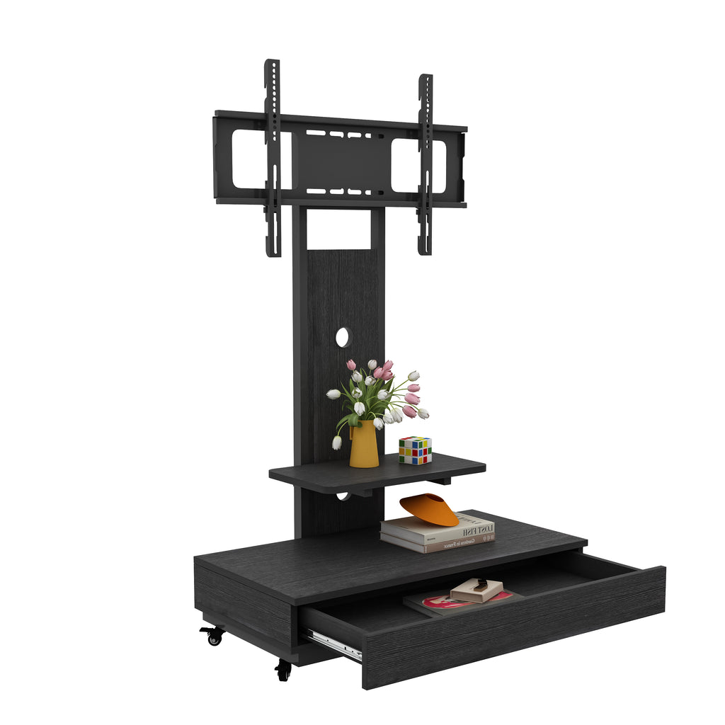 Mobile TV Cart with Push-Pull Drawer for 32-75 Inch TVs, Black MDF and Metal Stand with Lockable Wheels - Grand Goldman Shop