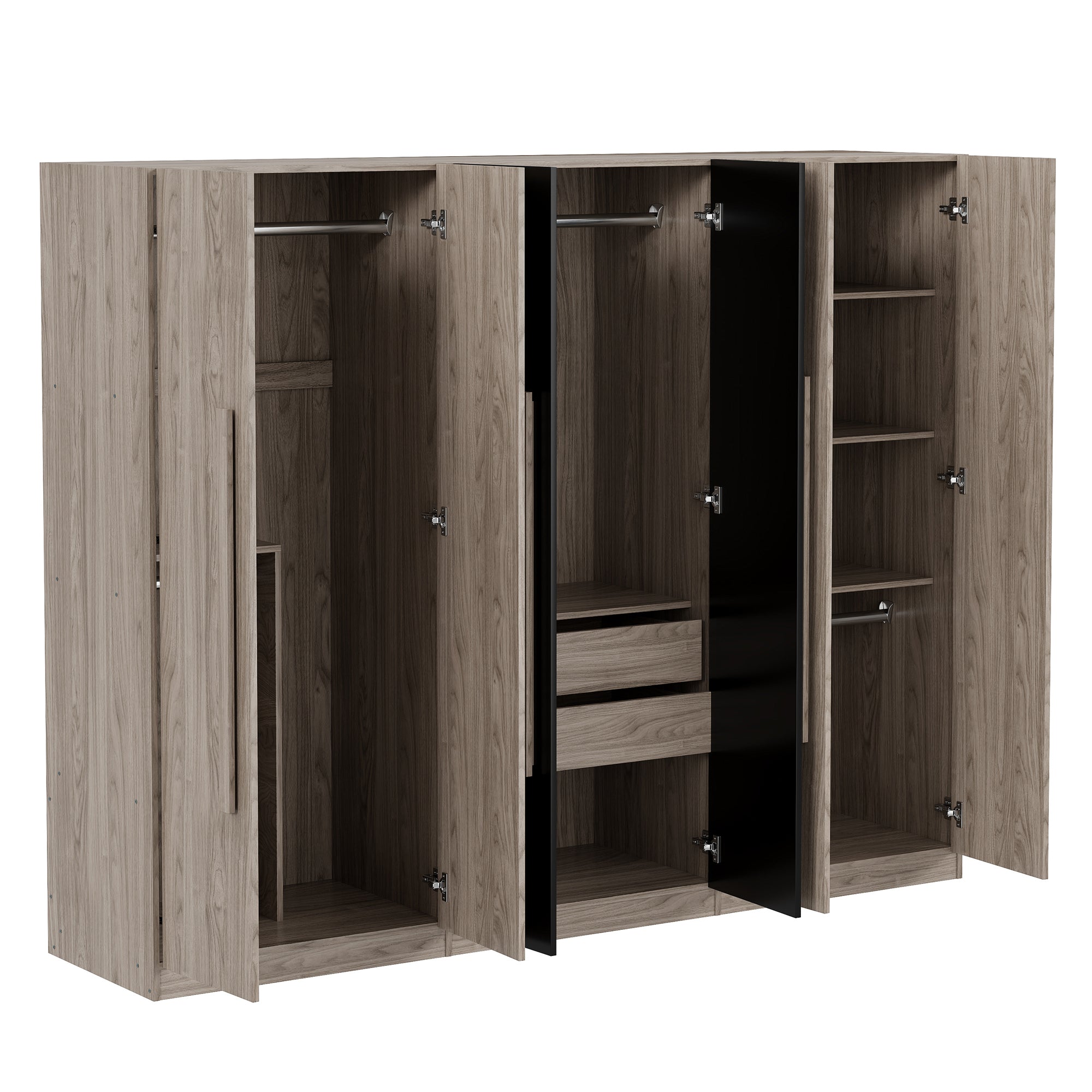 6-Doors Wooden Wardrobe Storage for Bedroom,with 2 Drawers Inside,Black+Nature - Grand Goldman Shop