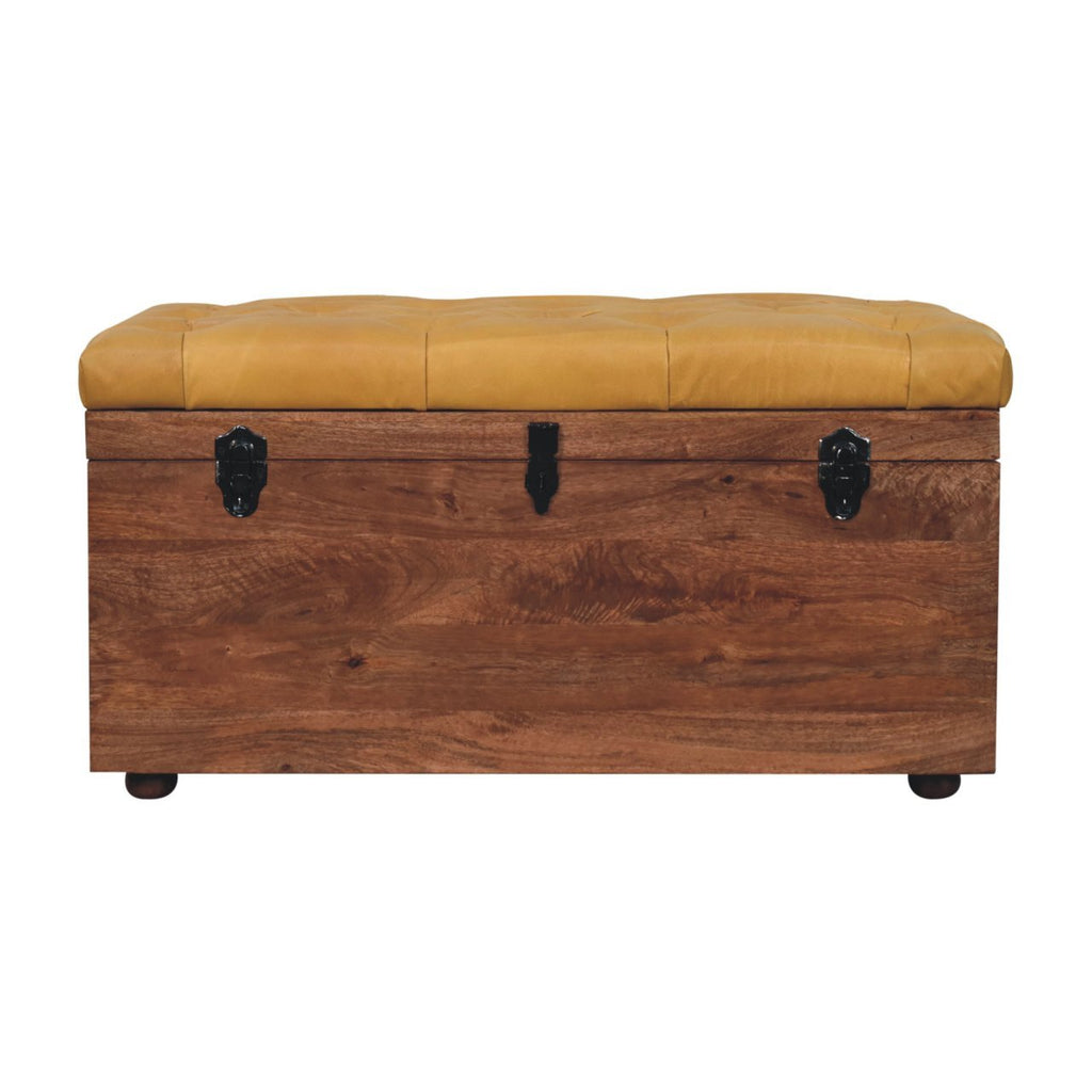 Solid Wood Buffalo Hide Honey Caramel Storage Trunk, Leather Upholstered, Yellow and Brown - Grand Goldman Shop