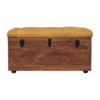 Solid Wood Buffalo Hide Honey Caramel Storage Trunk, Leather Upholstered, Yellow and Brown - Grand Goldman Shop