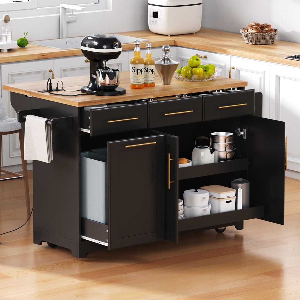 K&K 59.3' Kitchen Island with Storage 2 Pull Out Cabinet Organizers & Rubber Wood Drop Leaf, Rolling Kitchen Island with Trash Can Storage, Power Outlet, Spice & Towel Rack for Kitchen, Dining, Black - Grand Goldman Shop