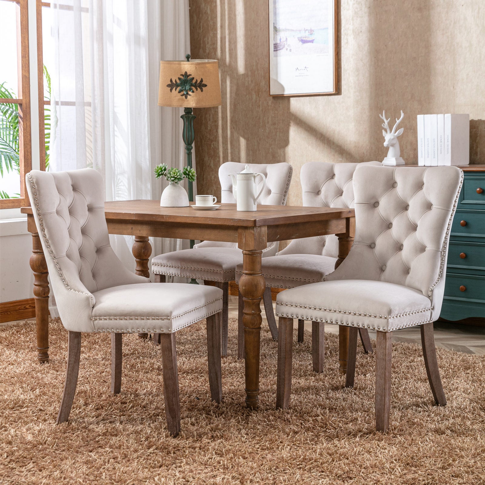 Nikki Collection Modern, High-end Tufted Solid Wood Contemporary Velvet Upholstered Dining Chair with Wood Legs Nailhead Trim 2-Pcs Set,Beige, SW2001BG - Grand Goldman Shop