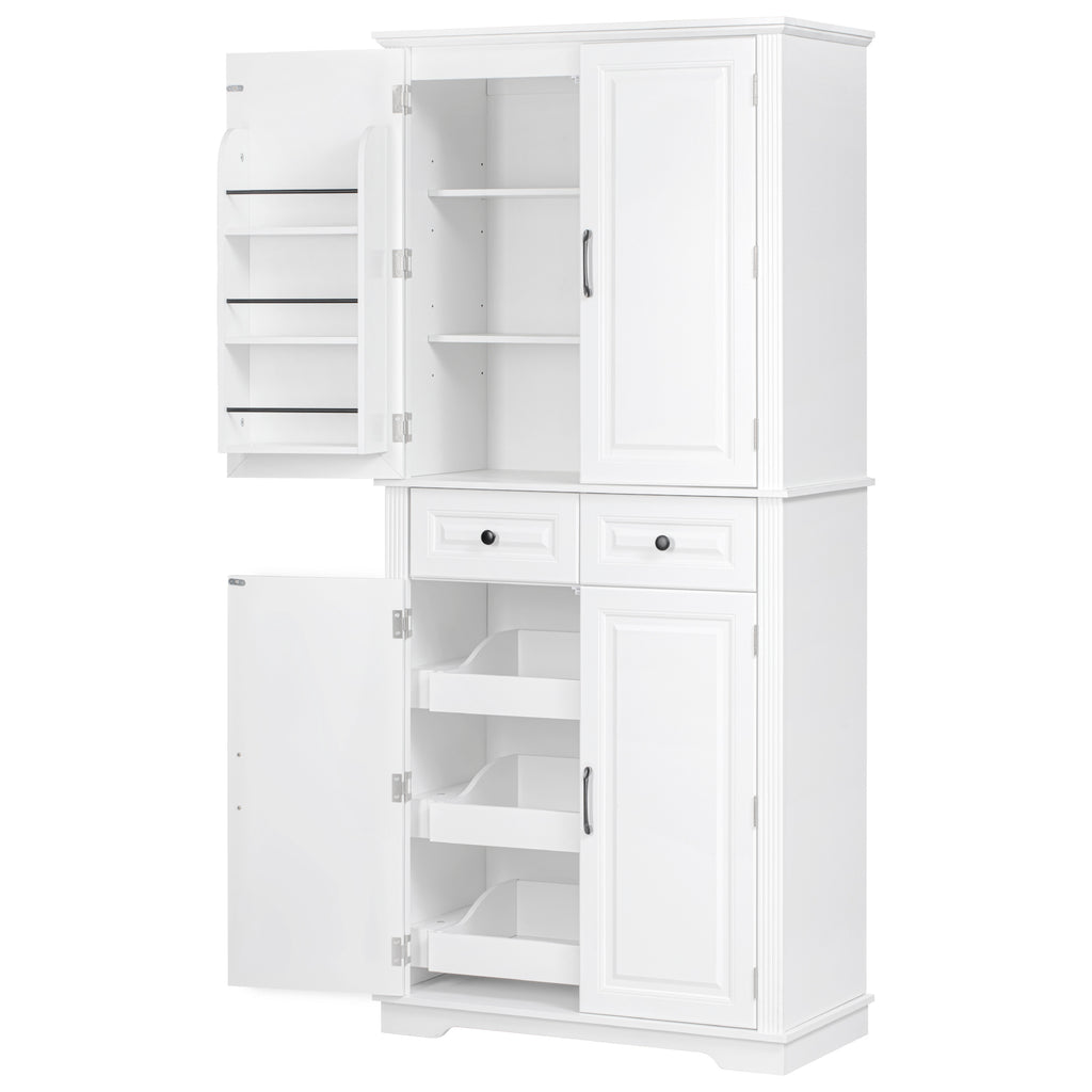 K&K 71' Tall Kitchen Pantry Cabinet with 3 Pull Out Cabinet Organizers, Farmhouse Embossed Texture Storage Cabinet with 6 Door Shelves, 2 Drawers, Freestanding Cupboard for Kitchen, Dining Room White - Grand Goldman Shop