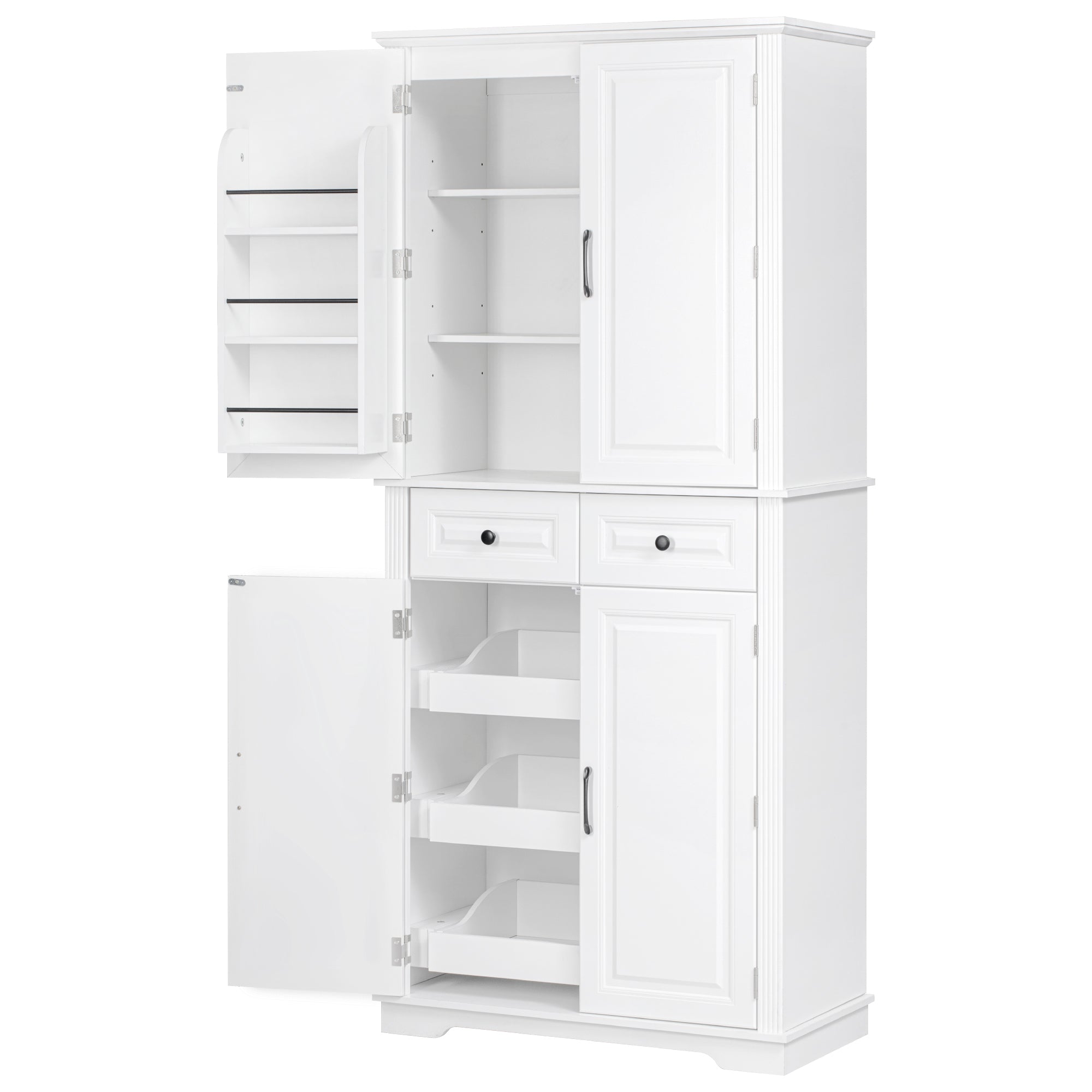 K&K 71' Tall Kitchen Pantry Cabinet with 3 Pull Out Cabinet Organizers, Farmhouse Embossed Texture Storage Cabinet with 6 Door Shelves, 2 Drawers, Freestanding Cupboard for Kitchen, Dining Room White - Grand Goldman Shop