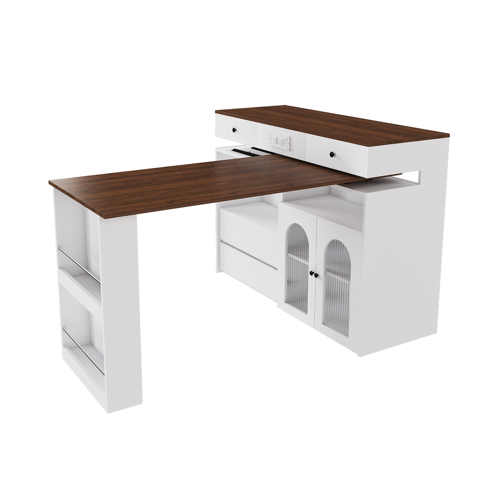 Kitchen Island with Extendable & Rotating Table, MDF with Walnut Veneer Retro Design, 4 Drawers & Glass Door Cabinets with Built-in Socket, Expandable Dining Station for 2-4 Person - Grand Goldman Shop
