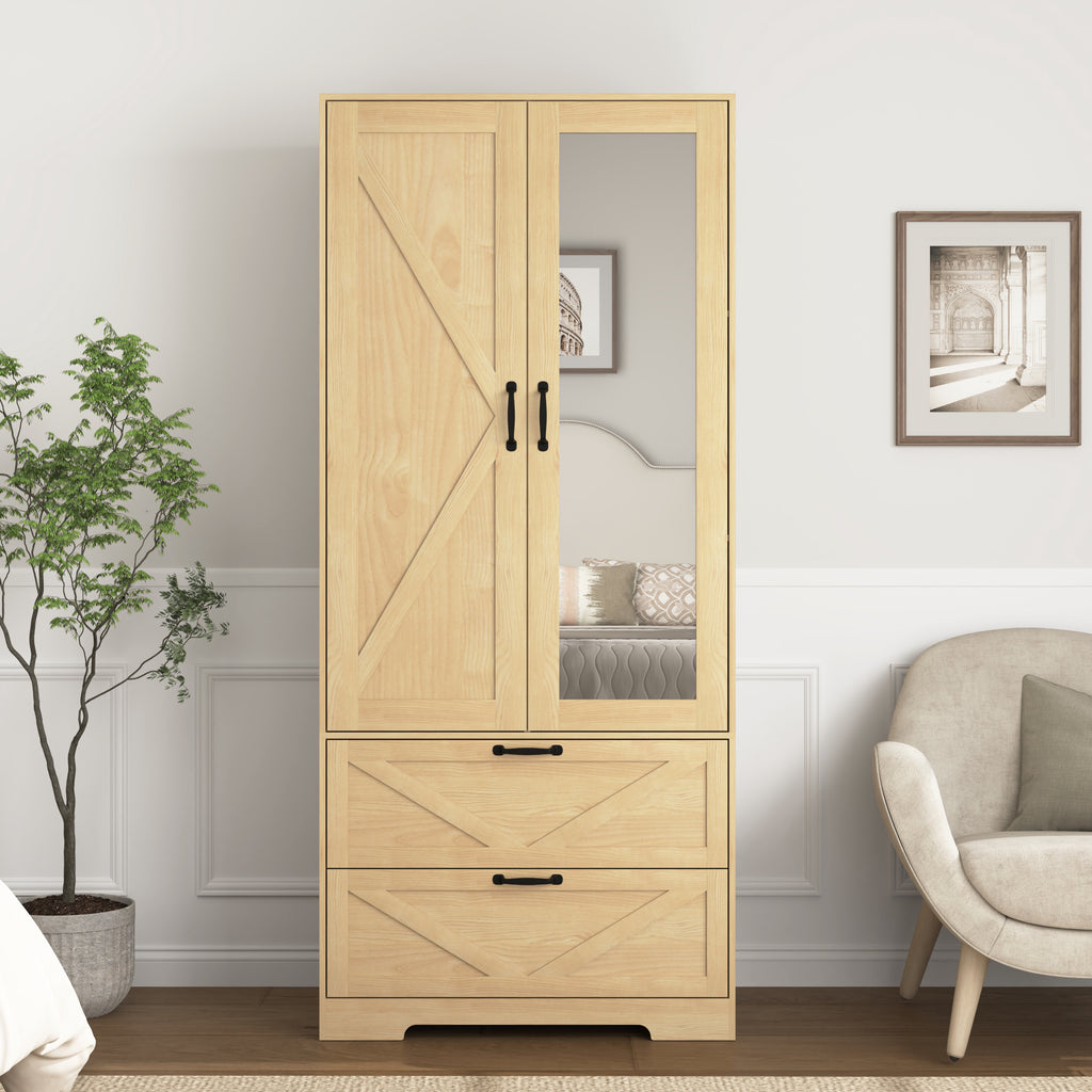 2 Door Wood Wardrobe for Bedroom with Hanging Clothing Rod inside the Cabinet and 2 Drawers for Storage Organization, Built-in induction light Multifunctional Closet with Mirror, Natural - Grand Goldman Shop