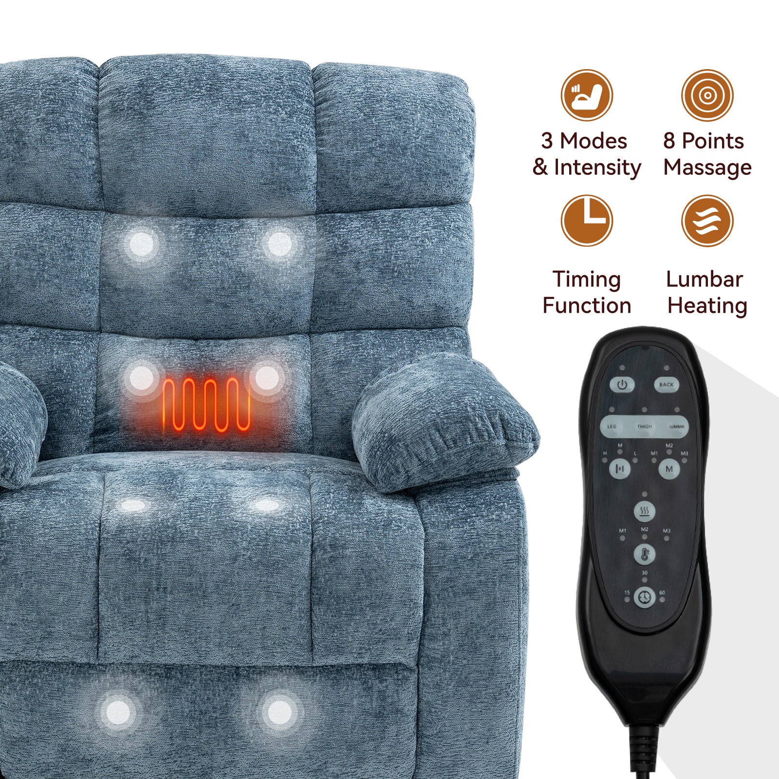 Lift Recliner Chair Heat Massage Dual Motor Infinite Position Up to 350 LBS Large Electric Power Lift Recliners with Power-Remote, Medium-firm and Heavy duty, Blue - Grand Goldman Shop