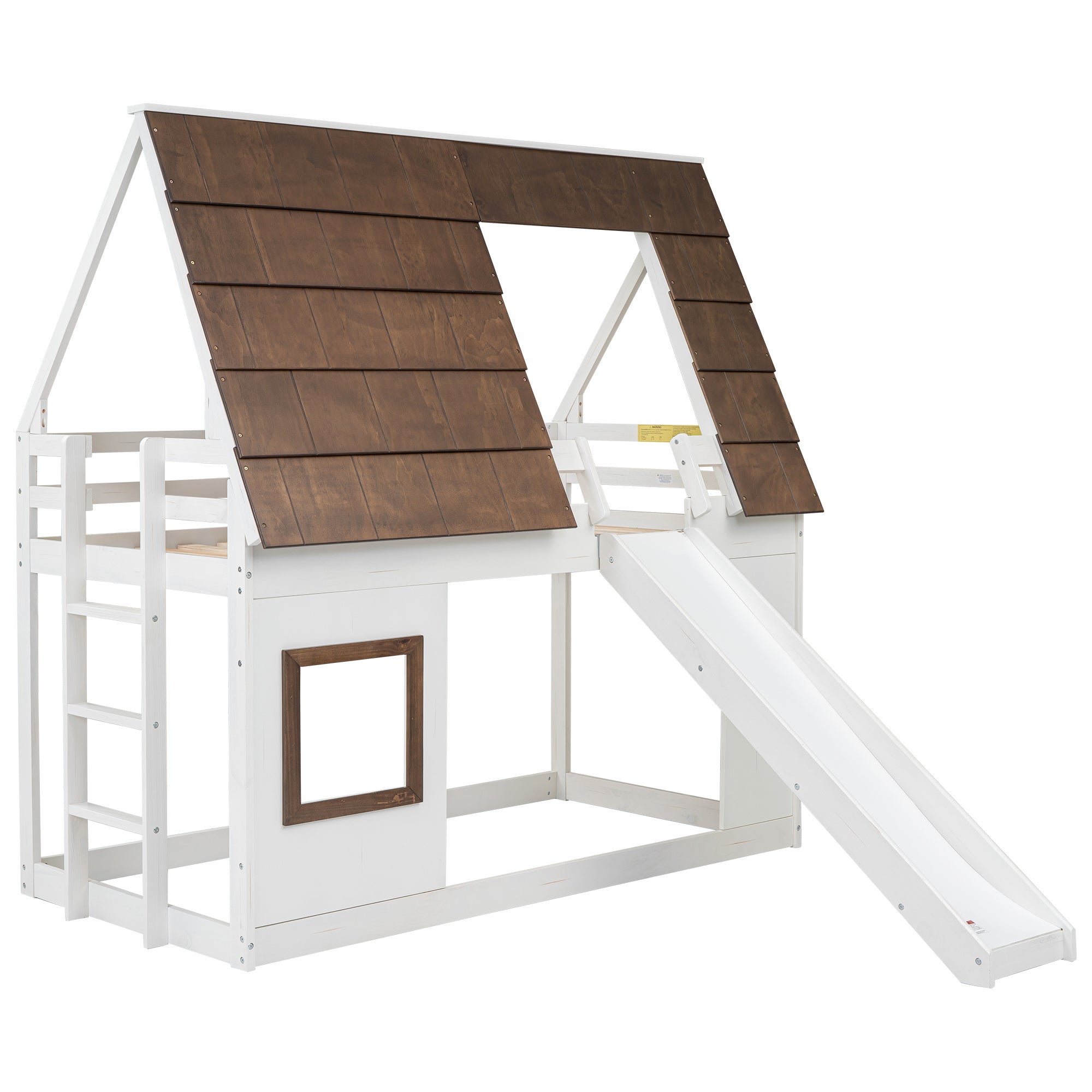 Hearth & Haven Bunk Twin Bed with House Roof, Ladder and Slide, White and Brown - Grand Goldman Shop