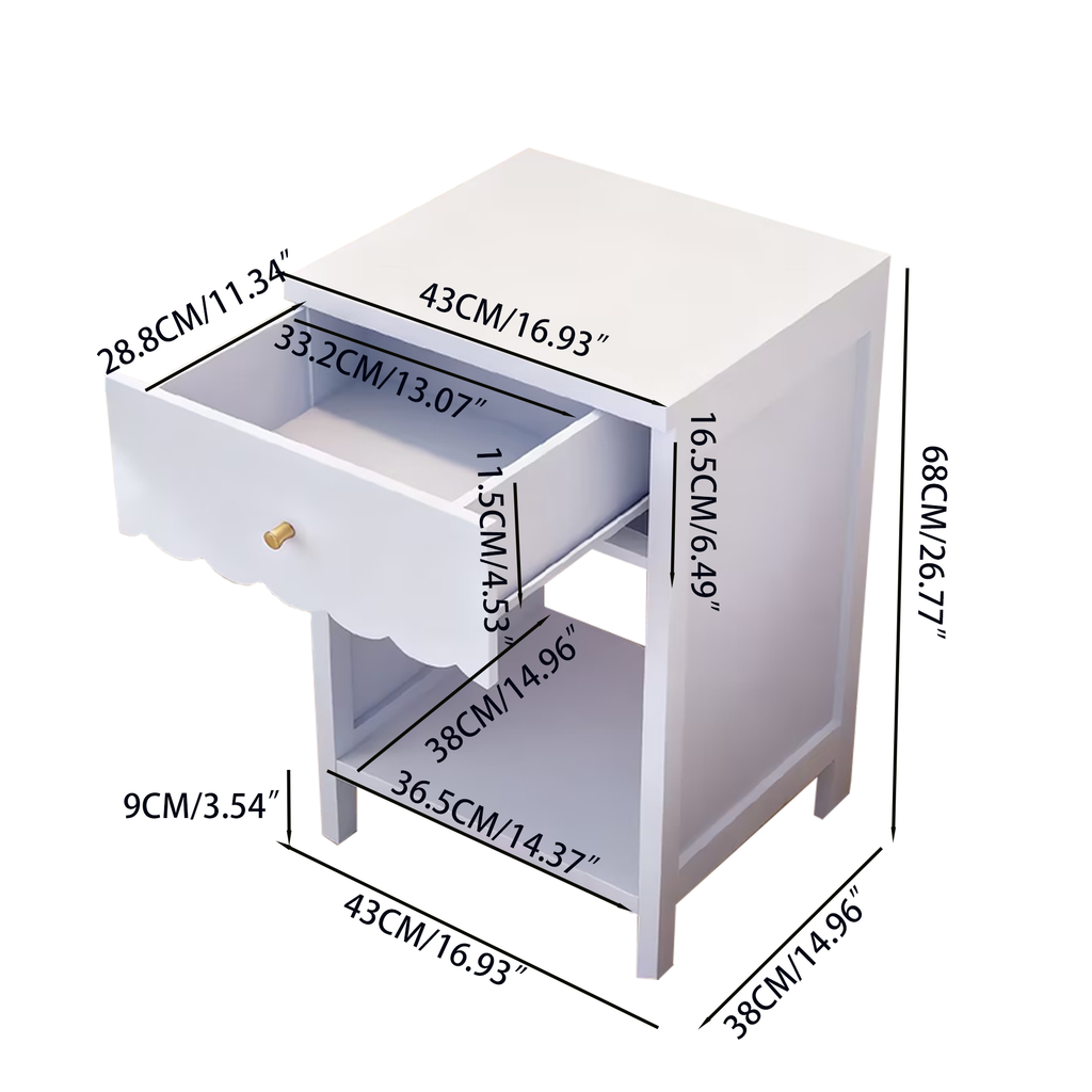 Modern Nightstand with Drawer and Open Shelf, Scalloped Edge Bedside Table in Light Purple, Minimalist Side Table for Kids Room or Girls' Room, Engineered Wood, 16.93 x 14.96 x 26.77 inches - Grand Goldman Shop