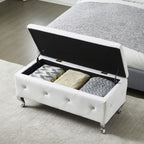 Upholstered Storage Ottoman Bench For Bedroom End Of Bed Faux Leather Rectangular Storage Benches Footrest With Crystal Buttons For Living Room Entryway (White) - Grand Goldman Shop