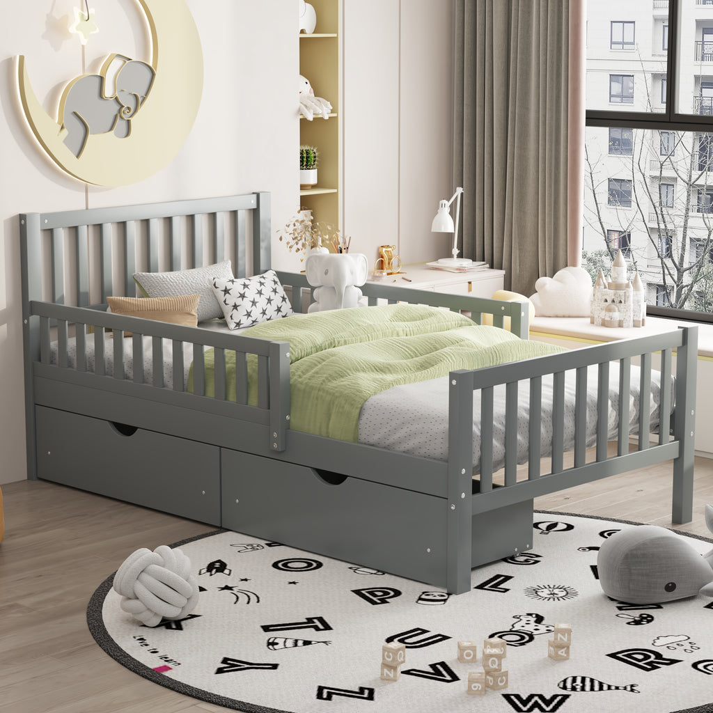 Twin Size Wood Platform Bed with Guardrails on Both Sides and Two Storage Drawers, Gray - Grand Goldman Shop