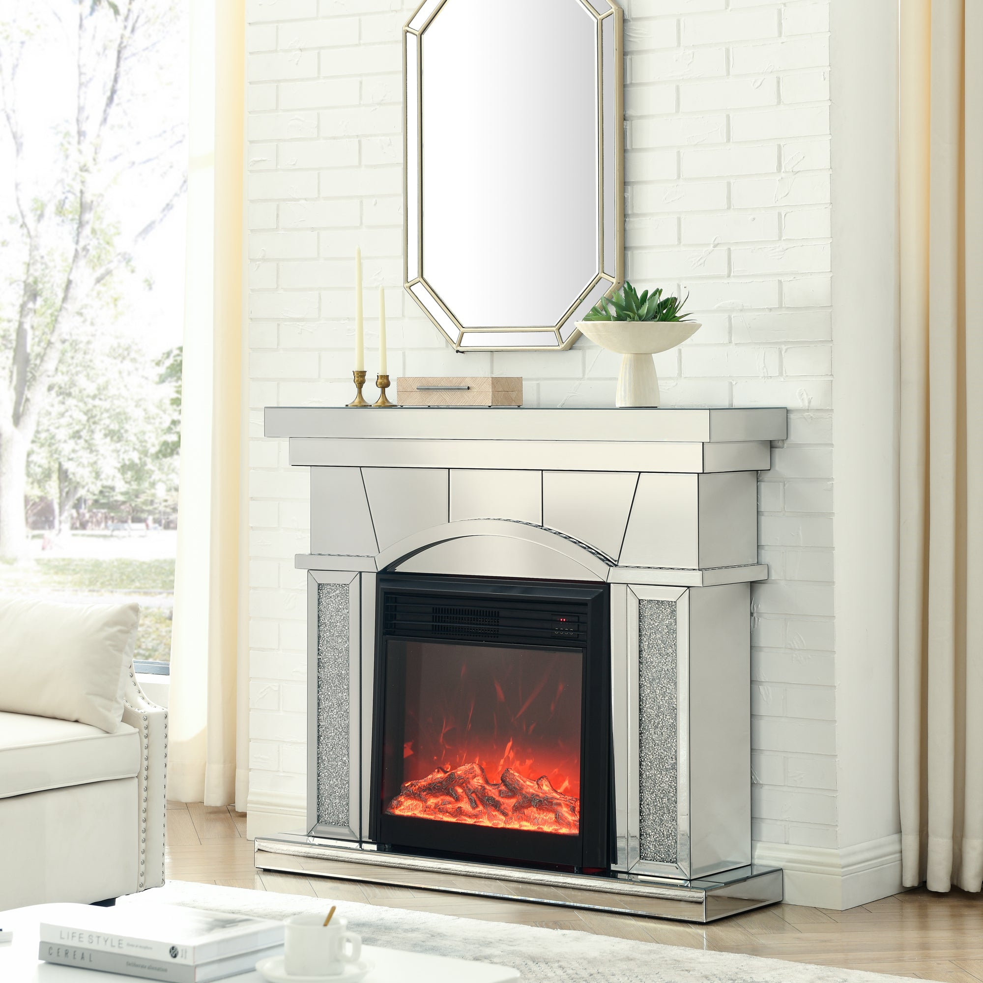W 46' X D 12.5' X H 41' Dome door acrylic mirror fireplace cabinet, TV fireplace cabinet - Grand Goldman Shop