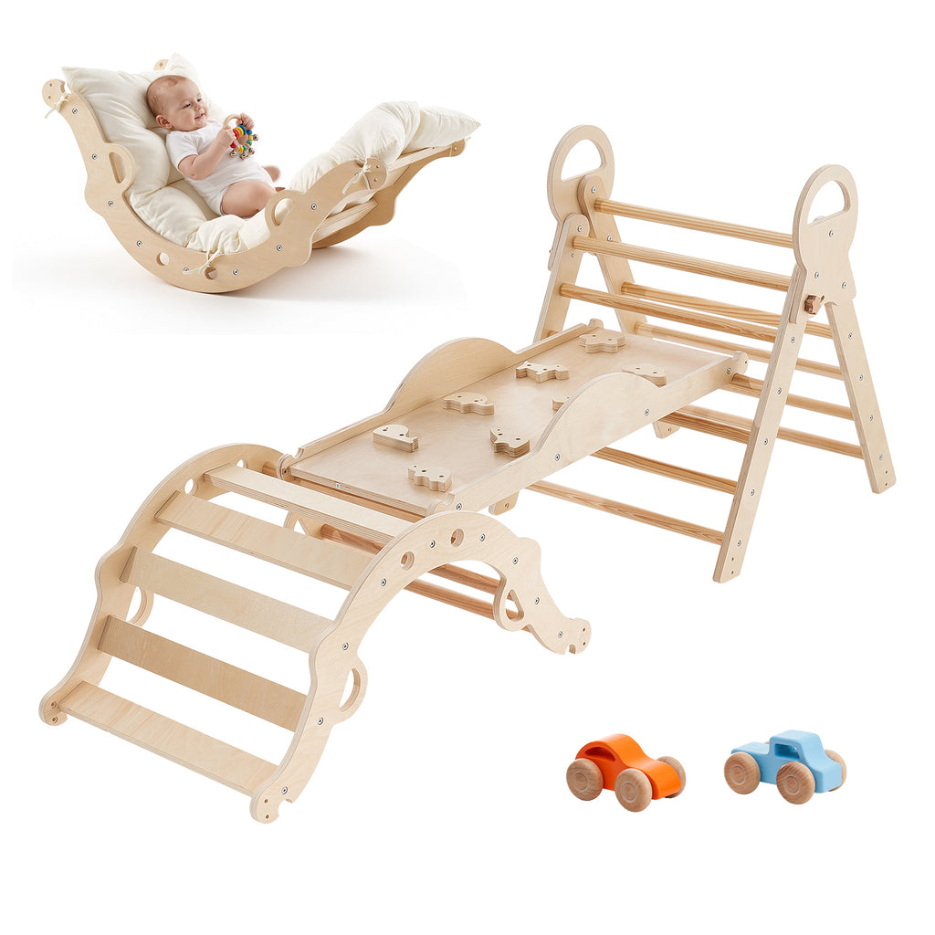 Pikler Triangle Set, 9-in-1 Toddler Climbing Toys Indoor, with 2 Wooden Cars, Cushion, Triangle, Arch, and Ramp, 150 lbs Load