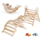 Pikler Triangle Set, 9-in-1 Toddler Climbing Toys Indoor, with 2 Wooden Cars, Cushion, Triangle, Arch, and Ramp, 150 lbs Load