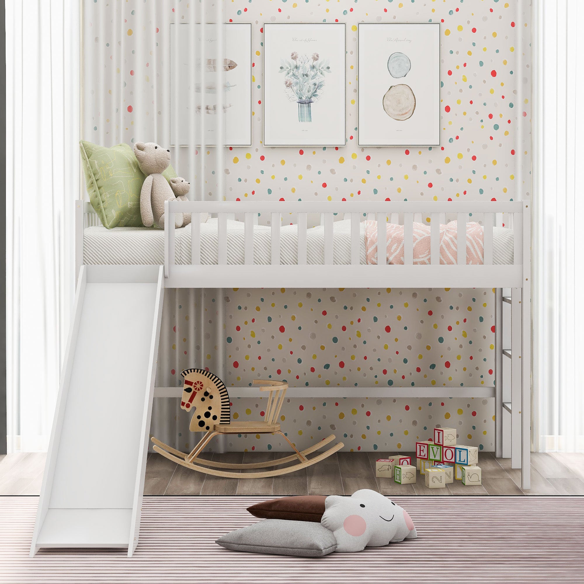 Twin Size Low Loft Bed with Ladder and Slide,White(OLD SKU:WF196418AAK) - Grand Goldman Shop
