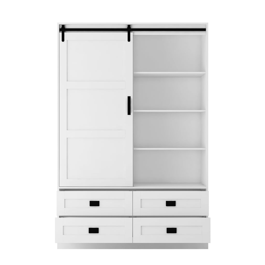 Tall Bedroom Armoire Wardrobe Closet Clothing Storage Cabinet with Hanging Rod Barn Door Drawers Open Shelves - Grand Goldman Shop