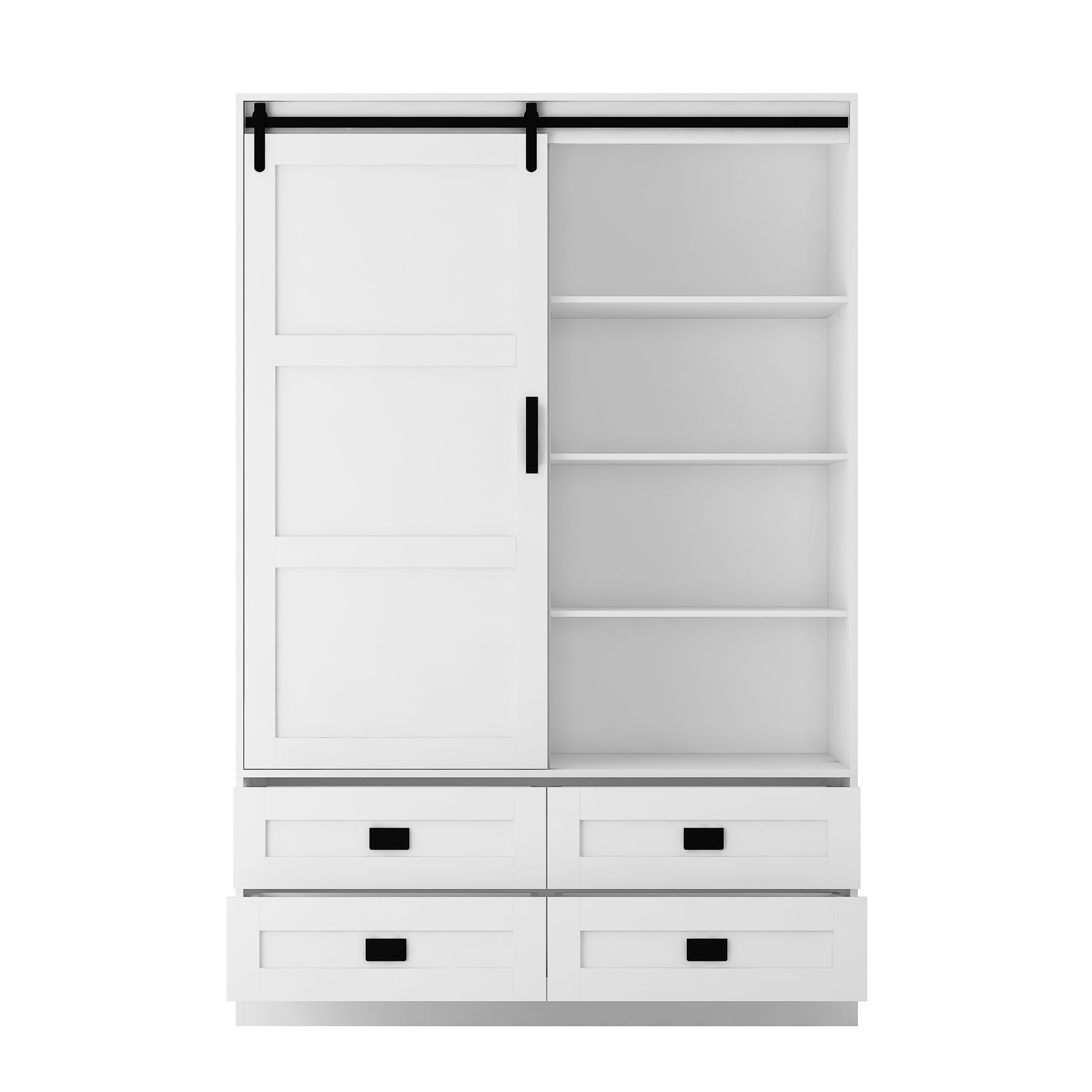 Tall Bedroom Armoire Wardrobe Closet Clothing Storage Cabinet with Hanging Rod Barn Door Drawers Open Shelves - Grand Goldman Shop