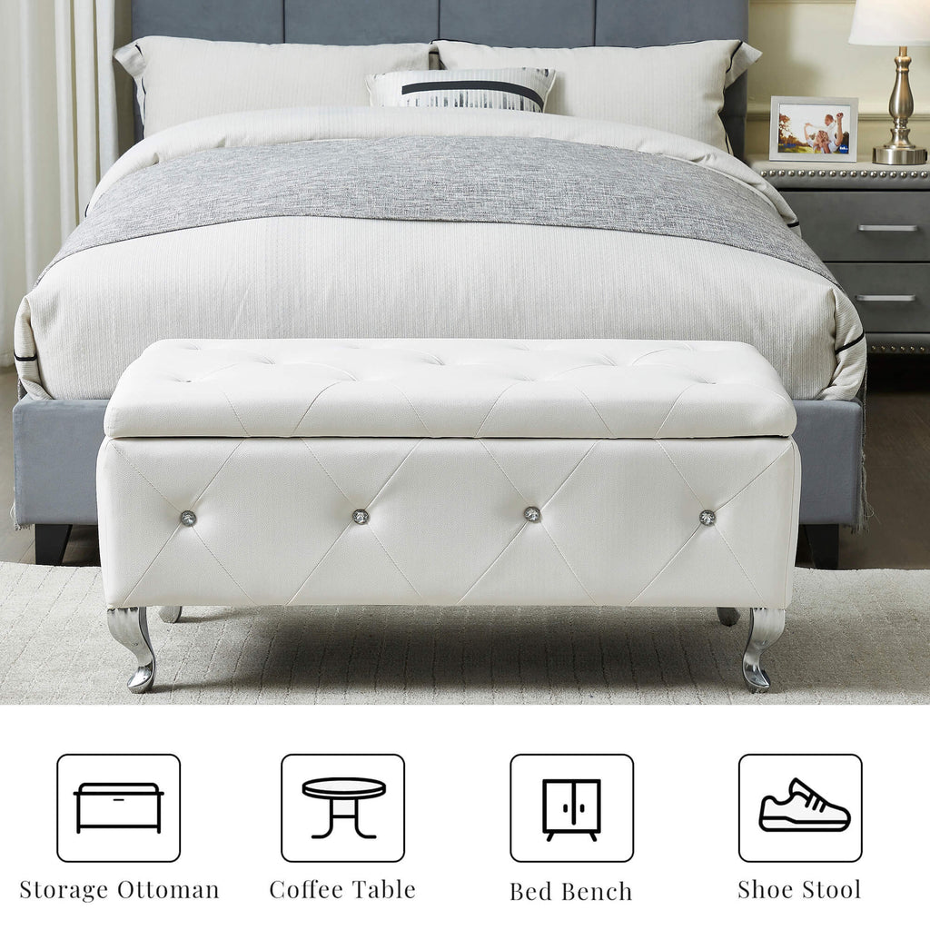Upholstered Storage Ottoman Bench For Bedroom End Of Bed Faux Leather Rectangular Storage Benches Footrest With Crystal Buttons For Living Room Entryway (White) - Grand Goldman Shop