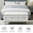 Upholstered Storage Ottoman Bench For Bedroom End Of Bed Faux Leather Rectangular Storage Benches Footrest With Crystal Buttons For Living Room Entryway (White) - Grand Goldman Shop