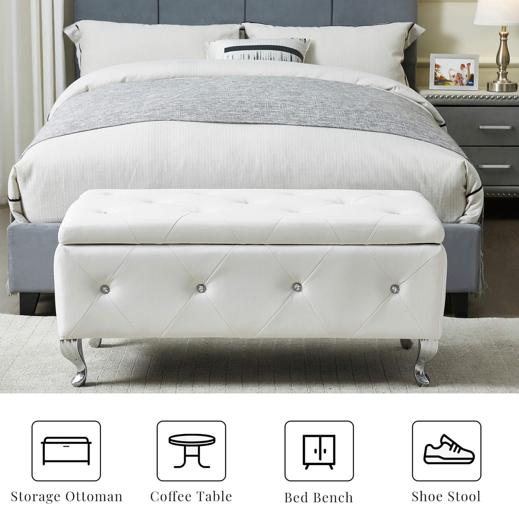 Upholstered Storage Ottoman Bench For Bedroom End Of Bed Faux Leather Rectangular Storage Benches Footrest With Crystal Buttons For Living Room Entryway (White) - Grand Goldman Shop