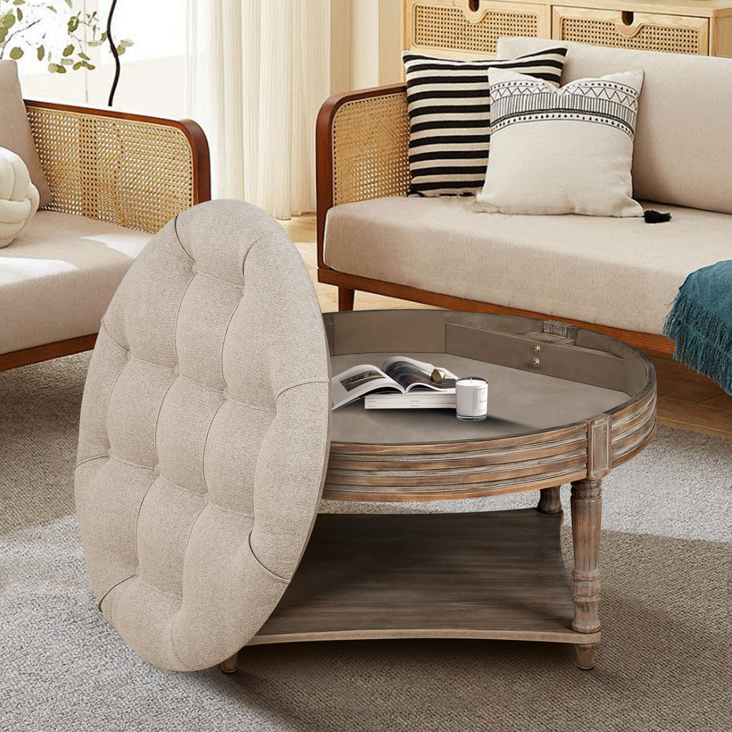 Large Round Waterproof Ottoman Coffee Table 2 Tier Oversized Button Tufted Ottoman with Wooden Shelf Storage Farmhouse Upholstered Coffee Table Living Room Footstool Ottoman Linen - Grand Goldman Shop