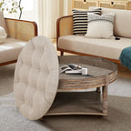Large Round Waterproof Ottoman Coffee Table 2 Tier Oversized Button Tufted Ottoman with Wooden Shelf Storage Farmhouse Upholstered Coffee Table Living Room Footstool Ottoman Linen - Grand Goldman Shop