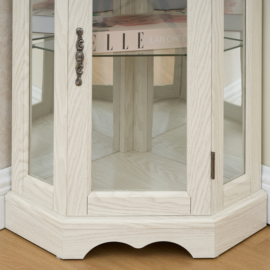 Curio Cabinet Lighted Glass Display Curio Cabinet w/Tempered Glass Doors and Shelves, Crown Corner Cabinet with Bulb, Corner Storage Decoration for Living room and Bedroom WHI - Grand Goldman Shop