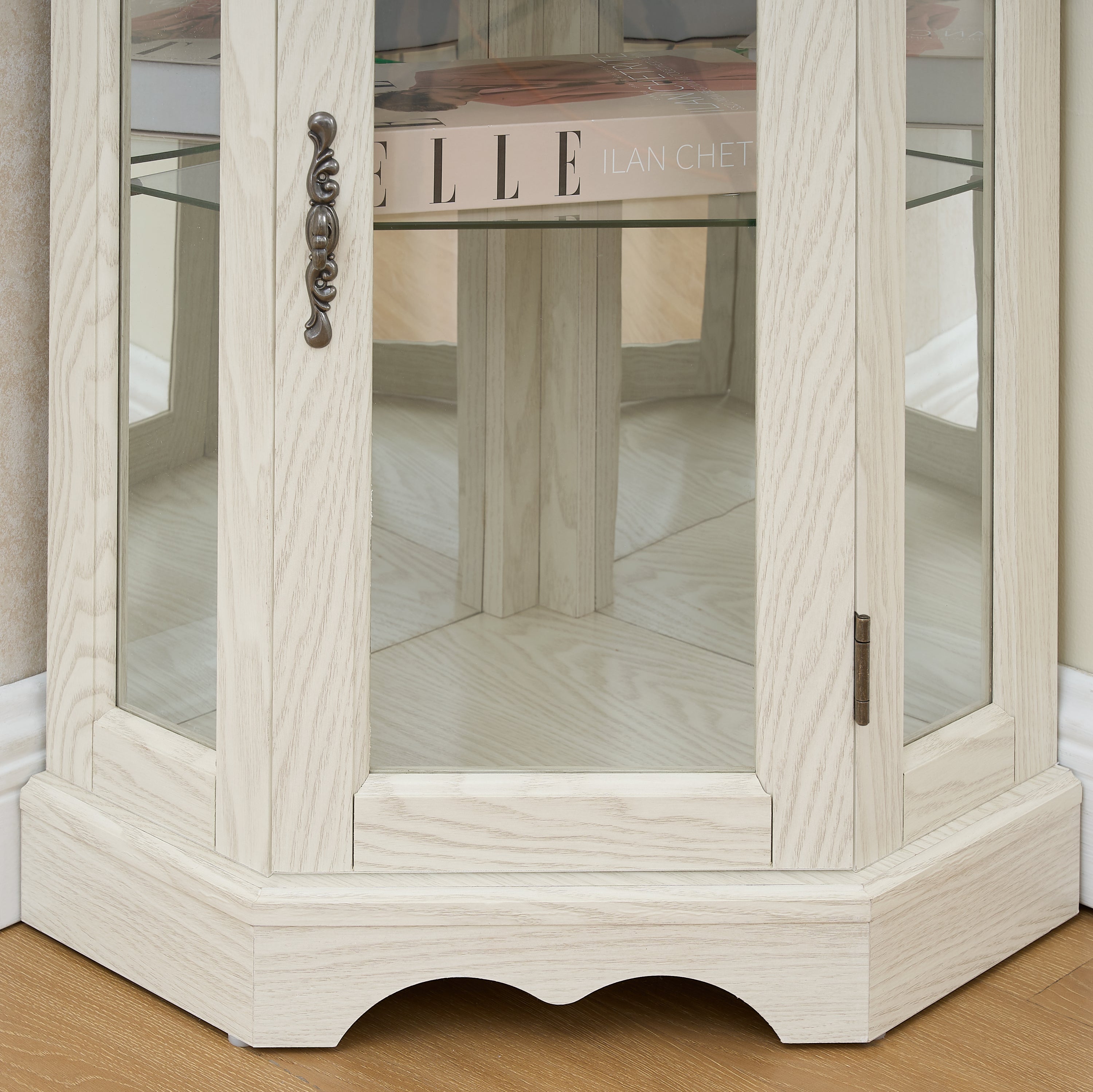 Curio Cabinet Lighted Glass Display Curio Cabinet w/Tempered Glass Doors and Shelves, Crown Corner Cabinet with Bulb, Corner Storage Decoration for Living room and Bedroom WHI - Grand Goldman Shop