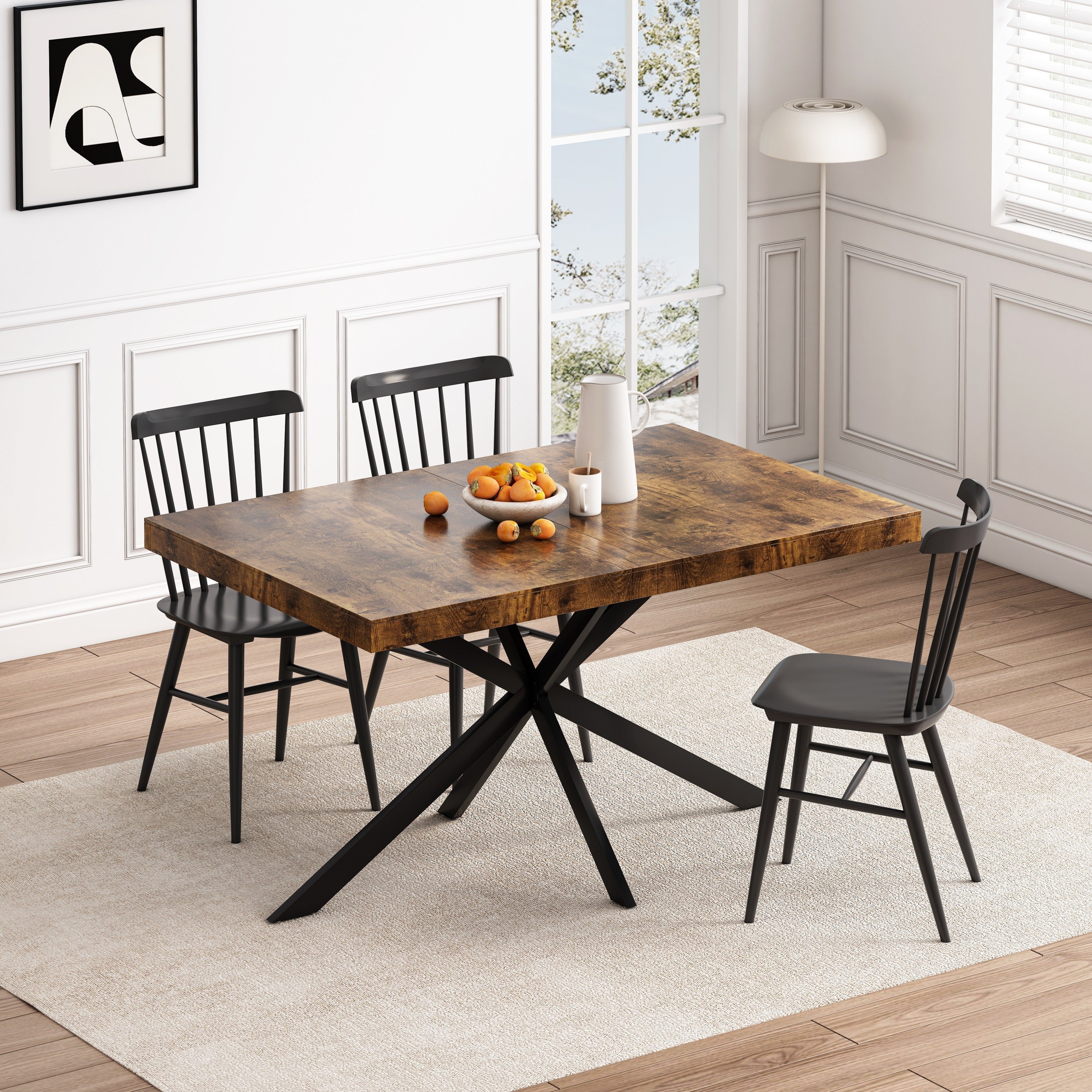 Retro Rectangular Stretch Dining Table with Antique Wood Top and Black Iron Base, Brown+Black, MDF+Metal, 55.11'-70.86'L - Grand Goldman Shop