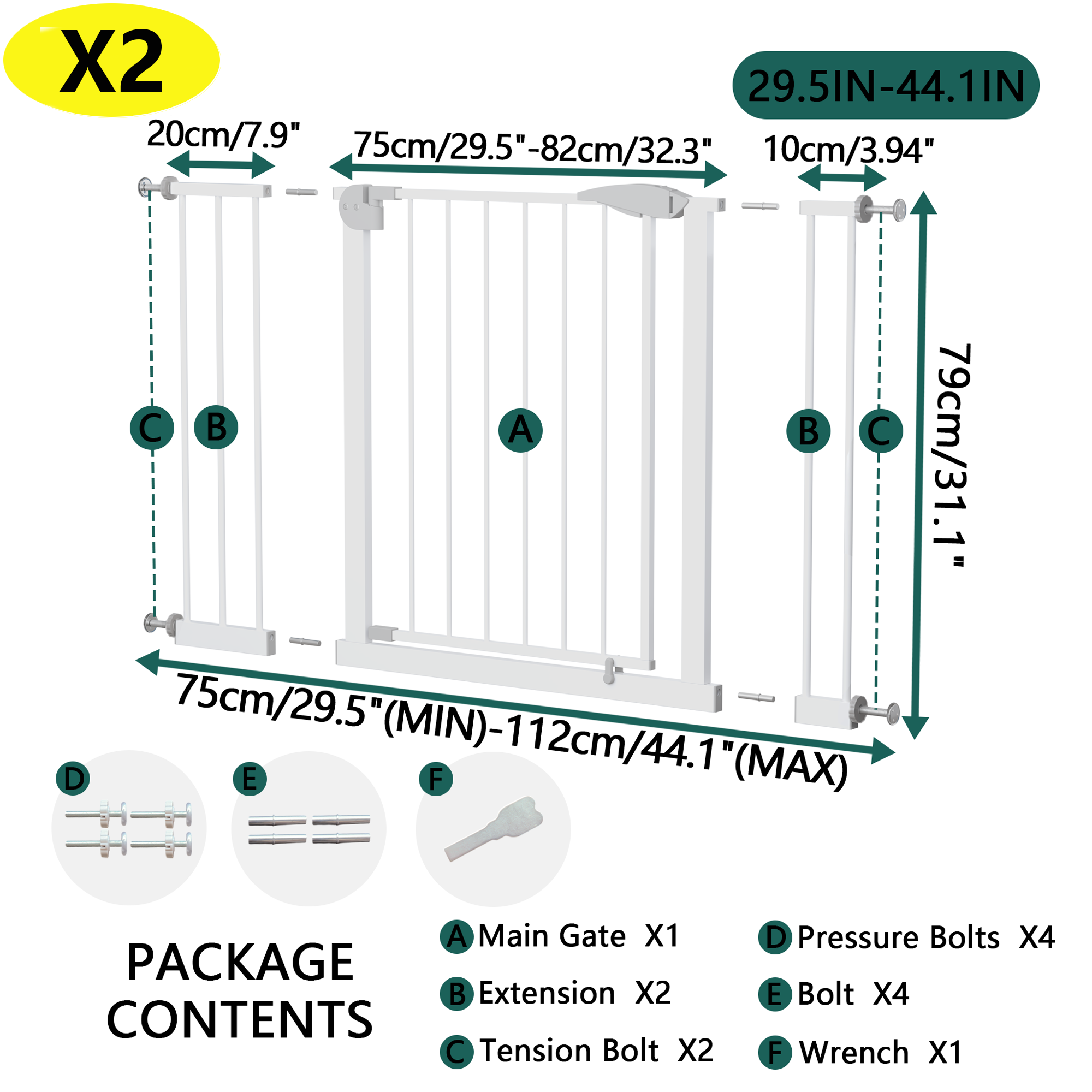 Stylish 2 Pack 29.5-44.1' Wide Baby Gate for Stairs, Dog Gate Indoor for Doorways, No Drilling Pressure Mounted Pet Gates for