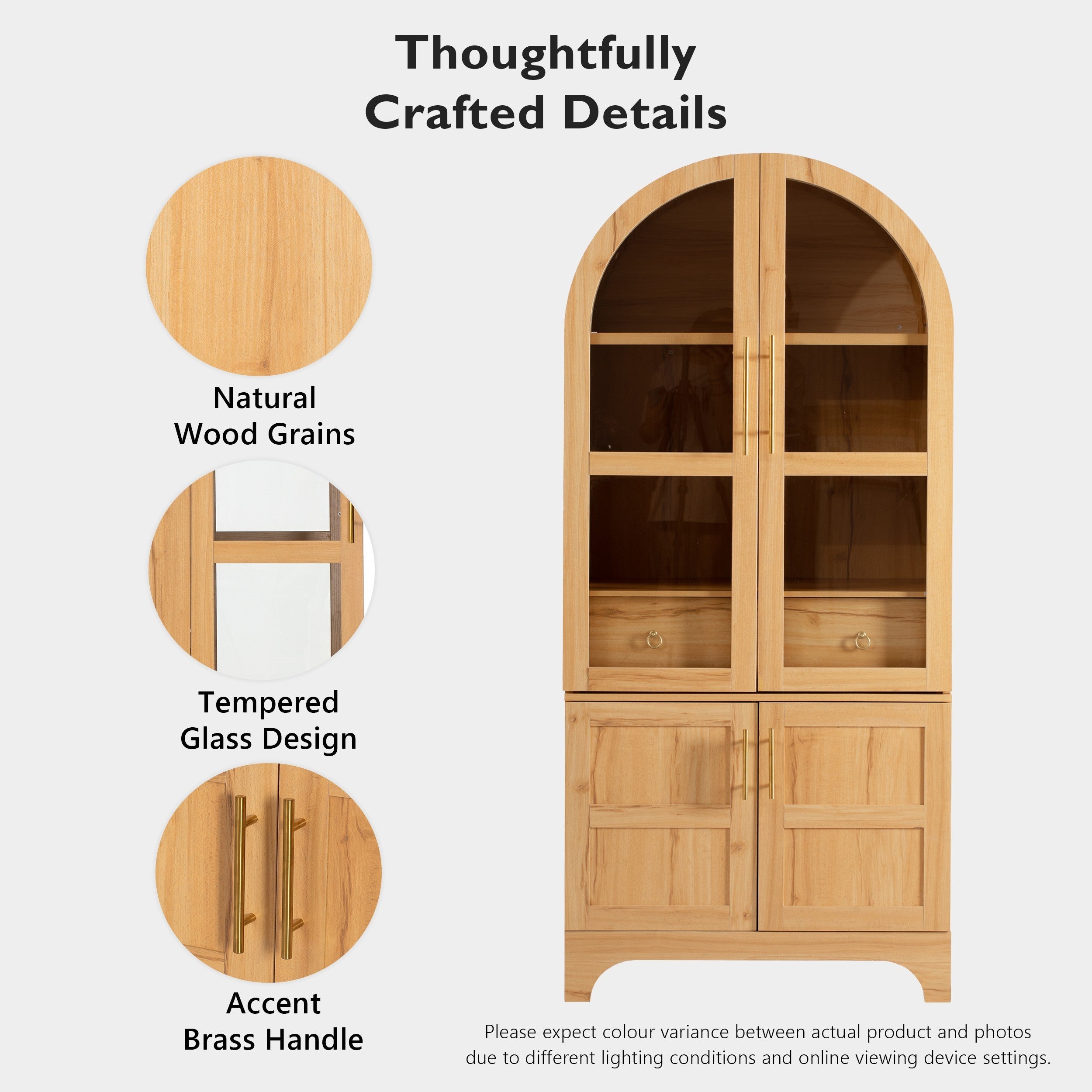 K&K 71' Tall Arched Kitchen Pantry Cabinet with Door Shelves, Farmhouse Kitchen Storage Cabinet with Open & Adjustable Shelves, Hidden Drawer & Glass Door, Cupboard for Kitchen, Dining Room, Natural - Grand Goldman Shop