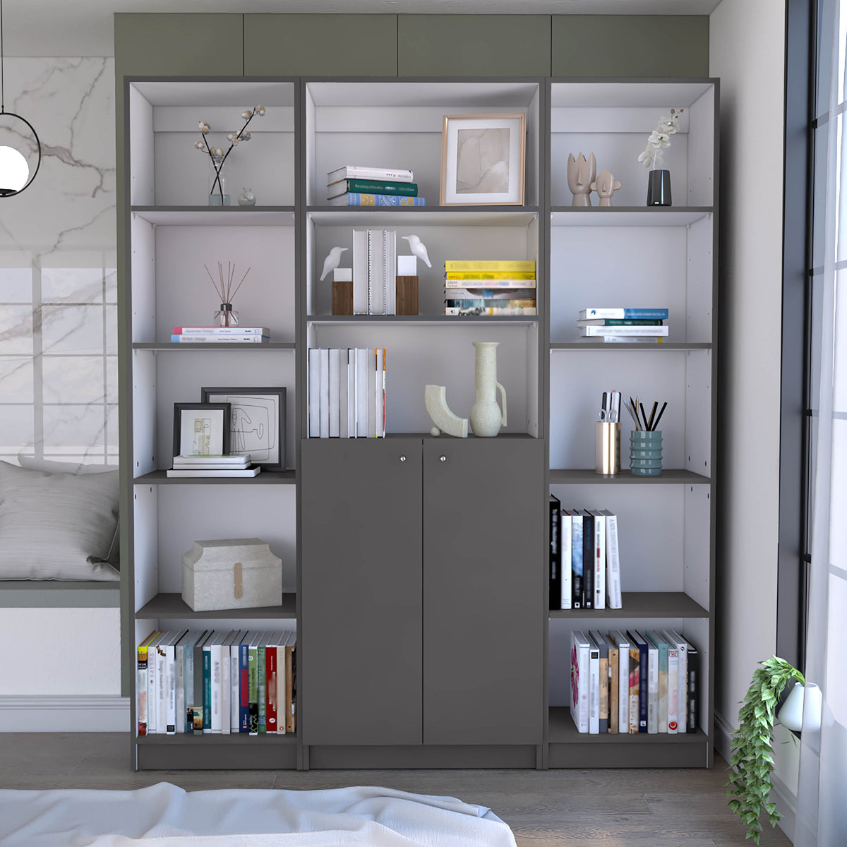 June 3 Piece Home Bookcase set, 60' Wide with 13 Shelves and 2-door Cabinet ,  Living Room Set  Matt Gray / White - Grand Gol