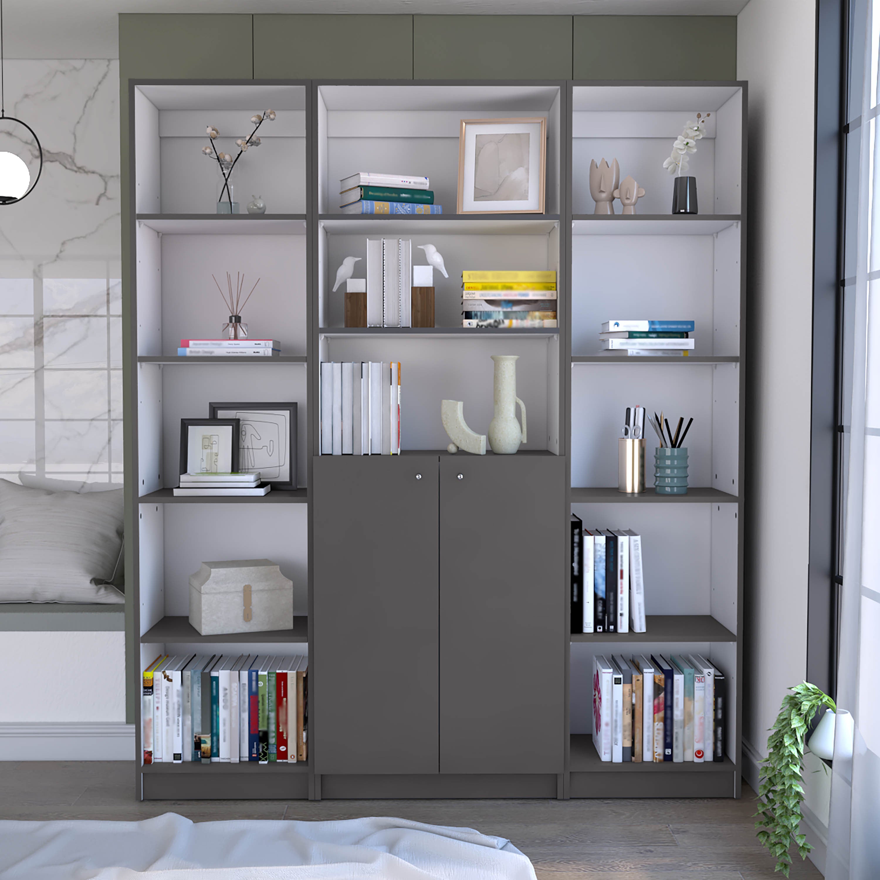 June 3 Piece Home Bookcase set, 60' Wide with 13 Shelves and 2-door Cabinet ,  Living Room Set  Matt Gray / White - Grand Gol