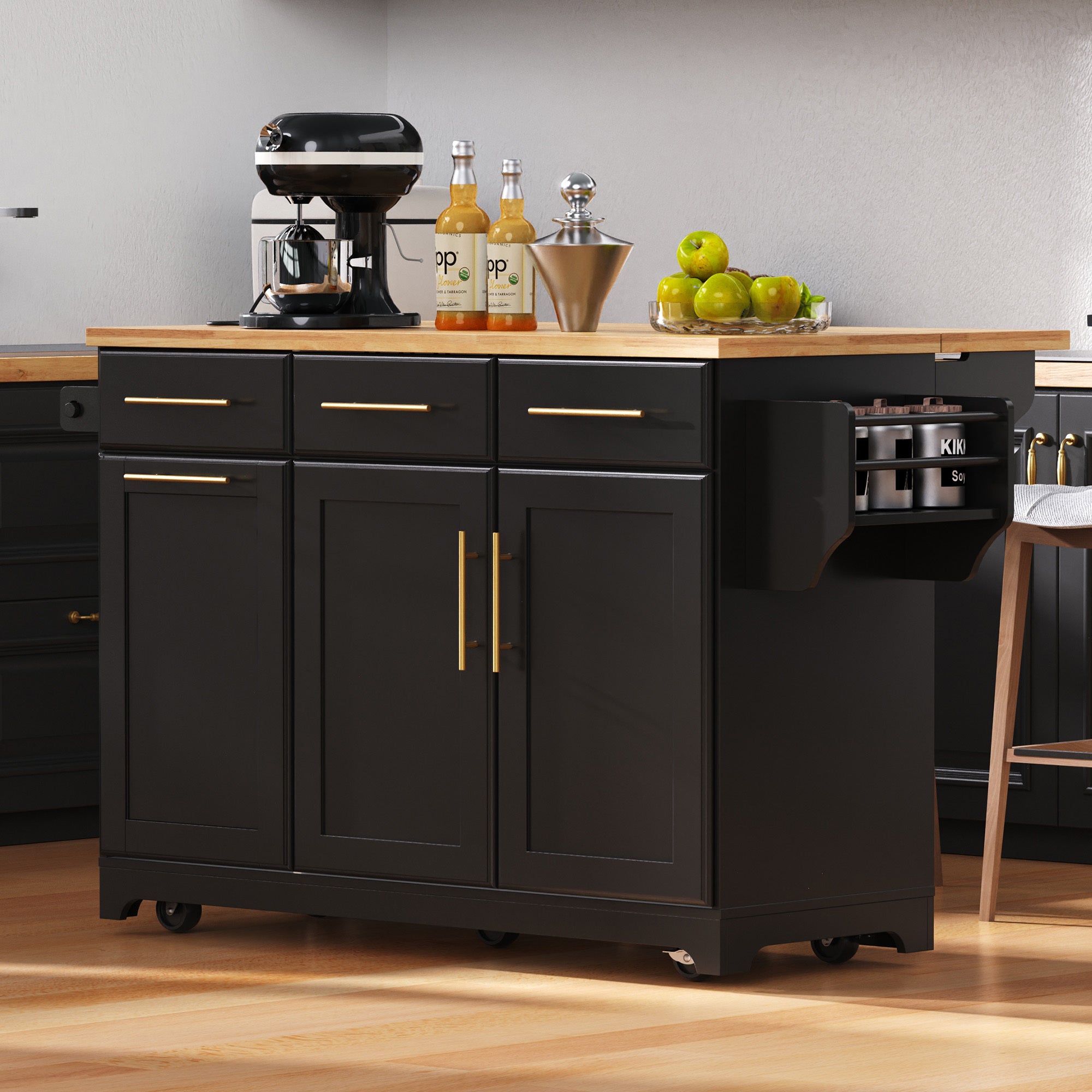 K&K 59.3' Kitchen Island with Storage 2 Pull Out Cabinet Organizers & Rubber Wood Drop Leaf, Rolling Kitchen Island with Trash Can Storage, Power Outlet, Spice & Towel Rack for Kitchen, Dining, Black - Grand Goldman Shop