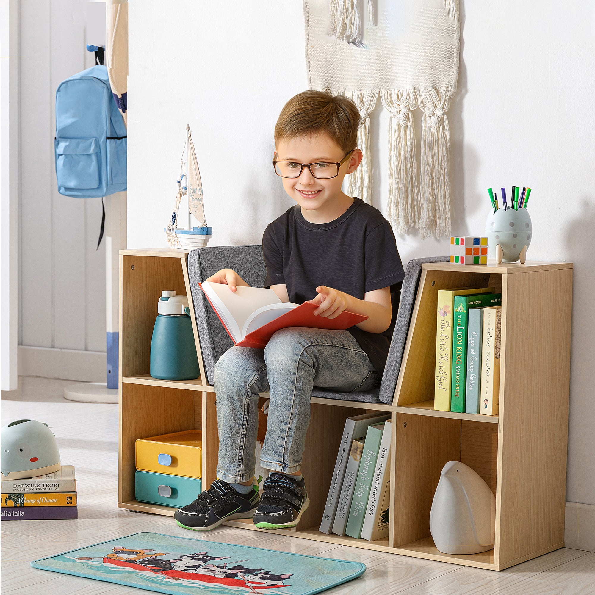 6-Cubby Kids Bookcase with Reading Nook and Cushion, Multi-Purpose Storage Organizer for Bedroom, Living Room, Natural - Gran